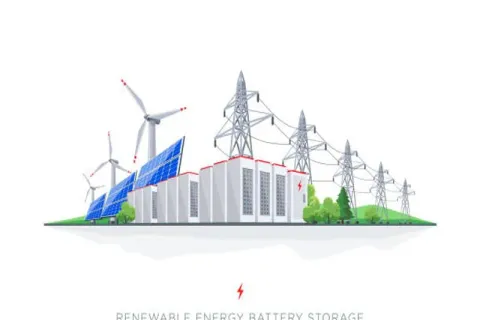 Illustration of solar panels, wind turbines, and battery storage units connected to power transmission lines.