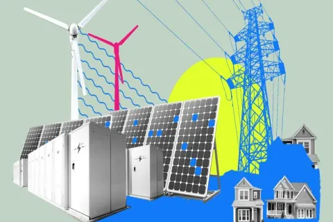 Illustrated collage of wind turbines, solar panels, battery storage cabinets, a transmission tower, and houses.